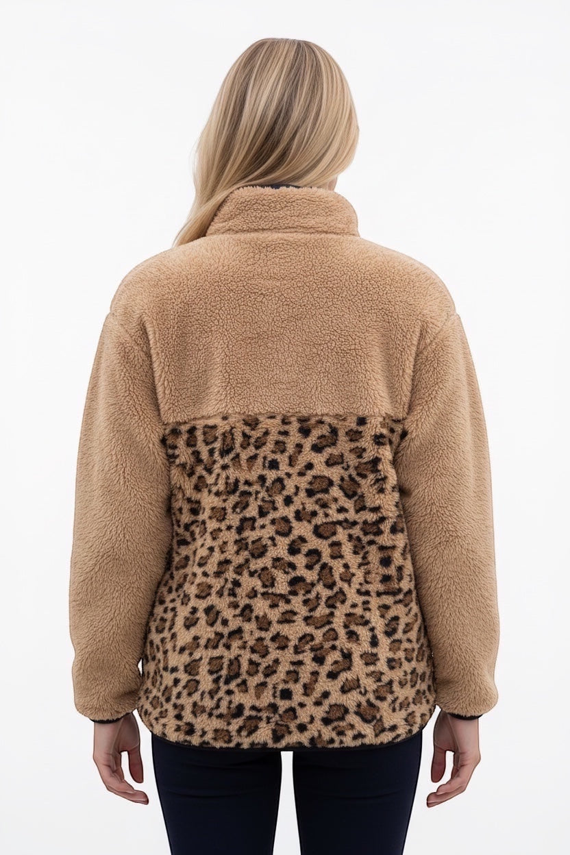 Restless beige sherpa fleece jacket with leopard print panel and high neck, back view.