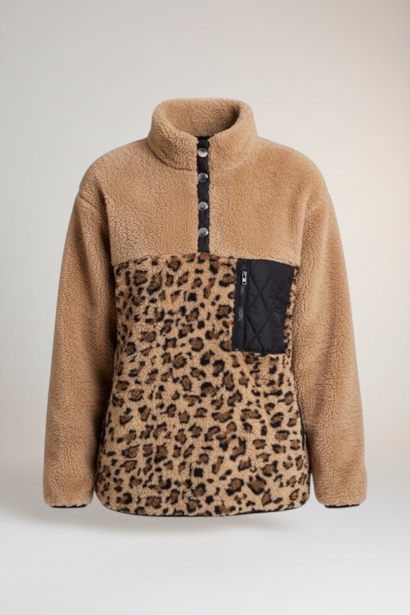 Restless beige sherpa fleece pullover with leopard print lower half, high neck, and front zip pocket.