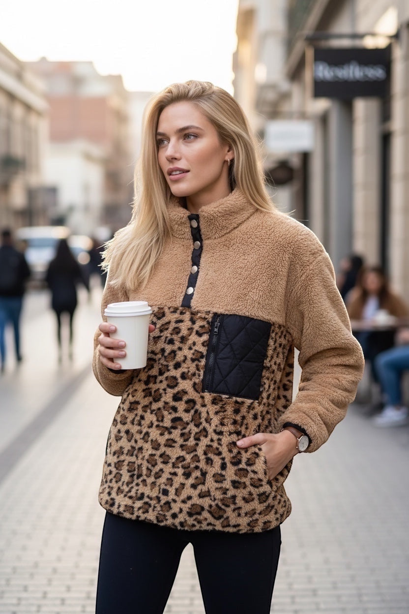 Restless beige and leopard print sherpa fleece pullover with high neck, snap buttons, and front zip pocket.