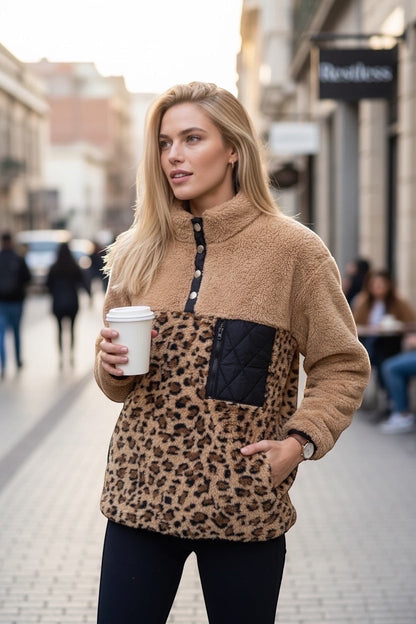 Restless beige and leopard print sherpa fleece pullover with high neck, snap buttons, and front zip pocket.