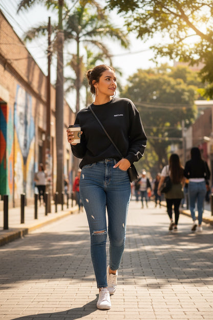 Restless black crewneck sweatshirt with white text logo, paired with distressed blue jeans and white sneakers. Woman holding coffee cup.