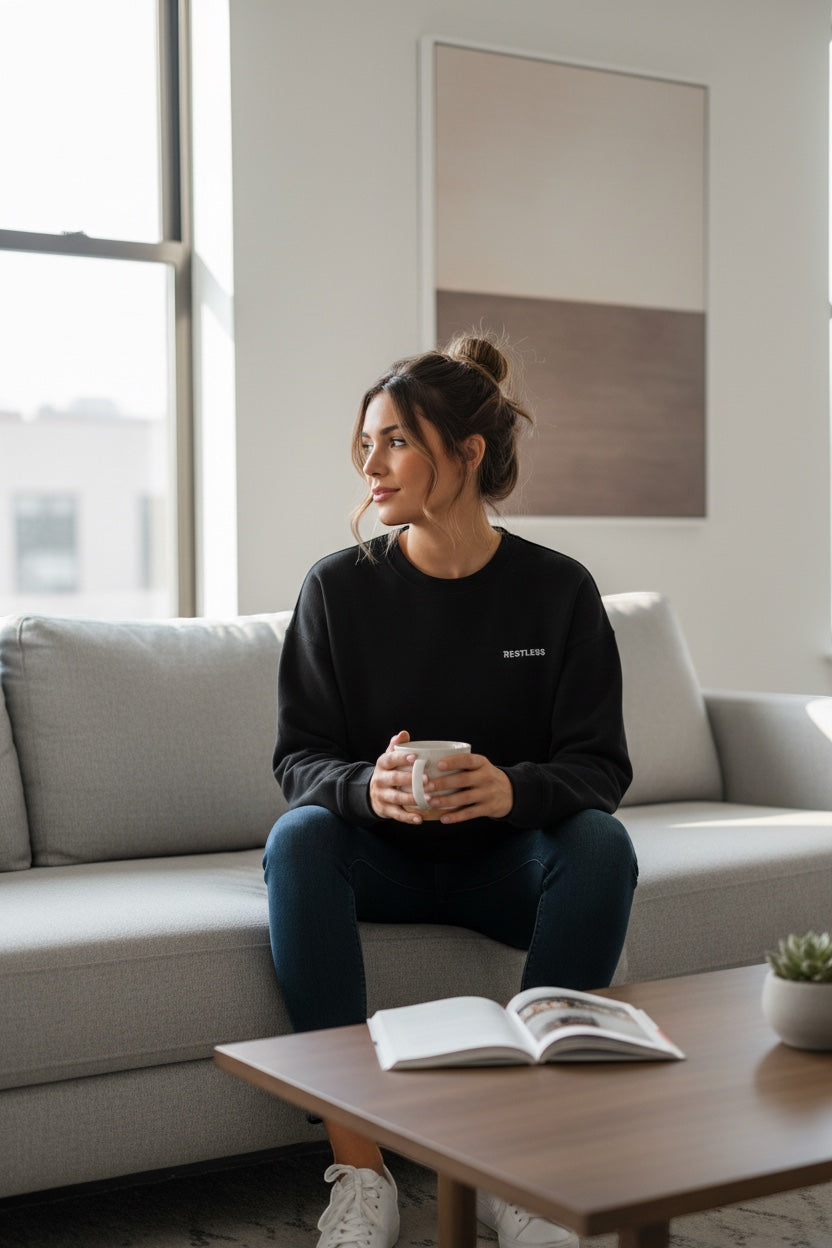 Restless black long-sleeve crewneck sweatshirt made of flannel fabric, with a small embroidered logo on the chest.