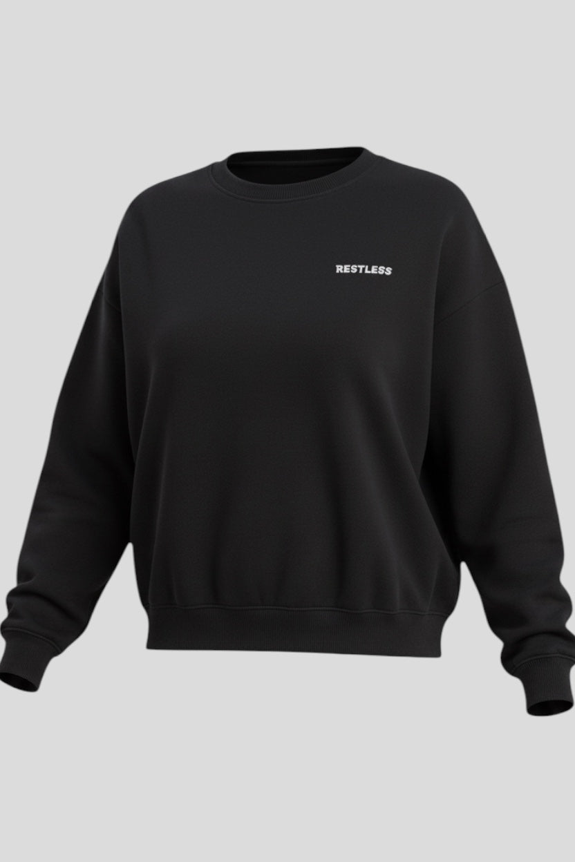 Restless black crewneck sweatshirt made of flannel fabric with a small white logo on the chest.