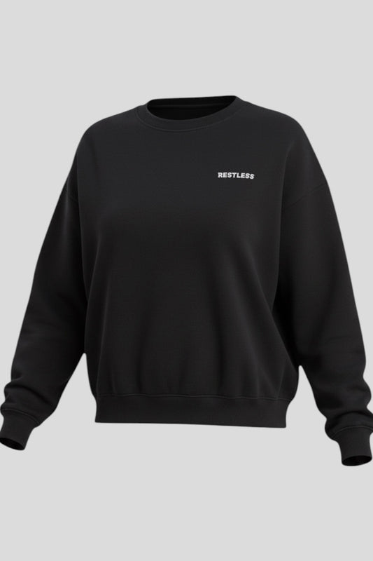 Restless black crewneck sweatshirt made of flannel fabric with a small white logo on the chest.