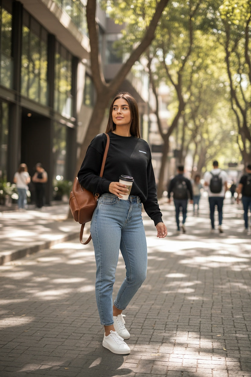 Restless black long-sleeve crewneck sweatshirt made of flannel, paired with light wash jeans and white sneakers.