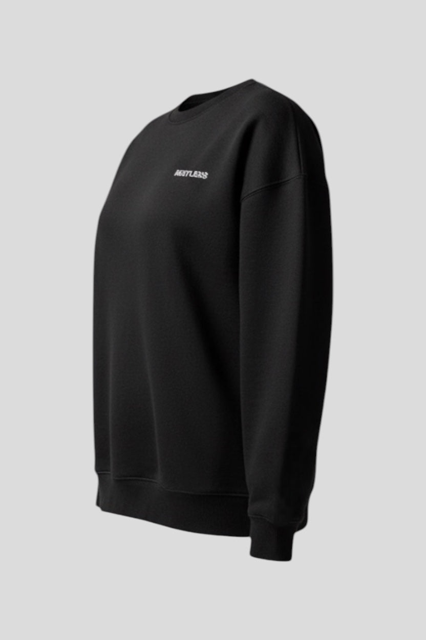 Restless black cotton flannel sweatshirt with embroidered logo and lightning bolt graphic on sleeve.