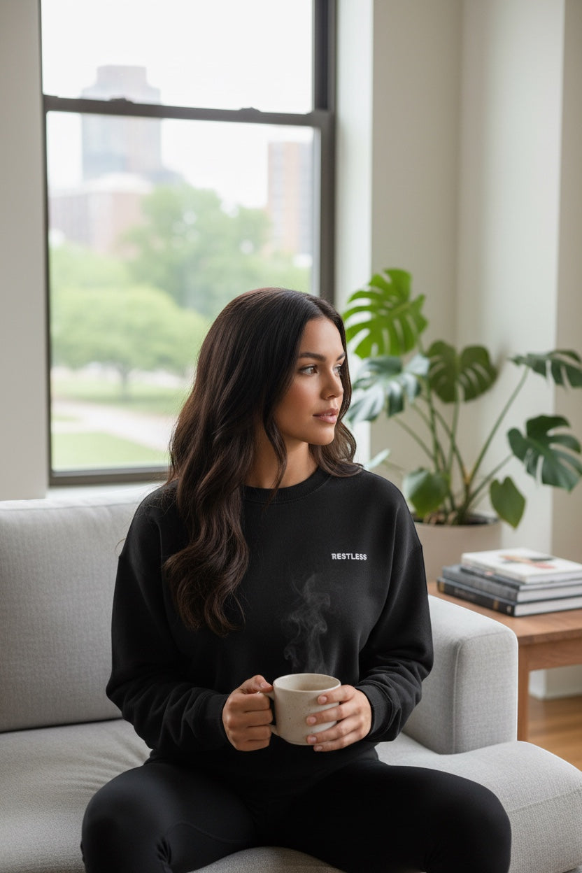Restless black flannel crewneck sweatshirt with embroidered logo, worn by a woman holding a mug.