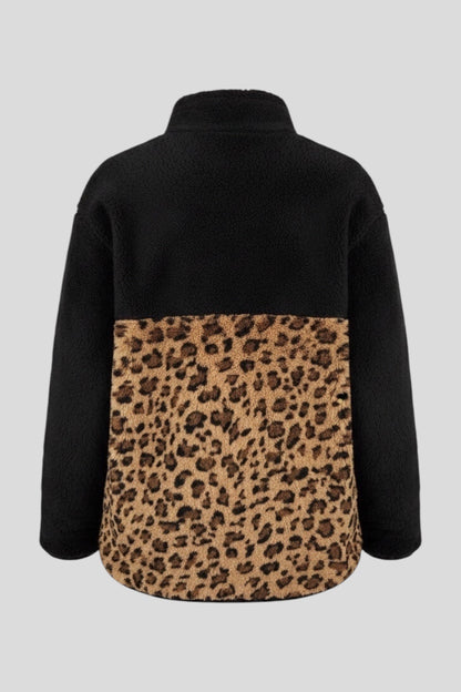 Restless black sherpa fleece jacket with leopard print panel, high neck, and relaxed fit.