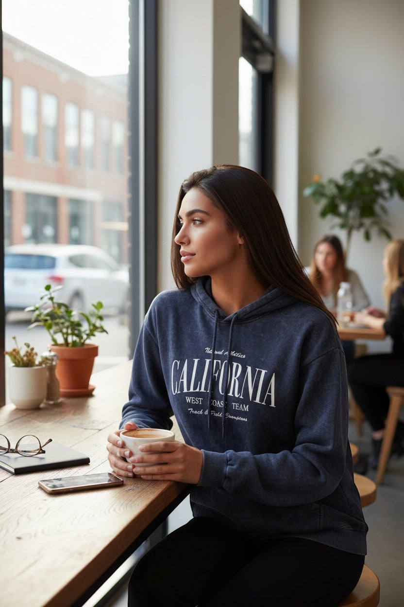 Restless dark wash oversized hoodie with "California West Coast Team" graphic print, adjustable hood, and kangaroo pocket.