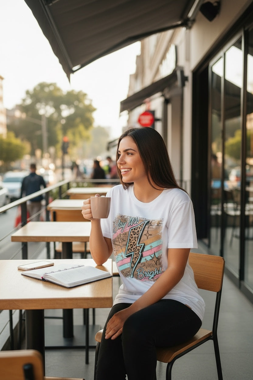 Restless white cotton t-shirt with "Stay Wild Bright" graphic featuring a lightning bolt, animal print, and pastel stripes.