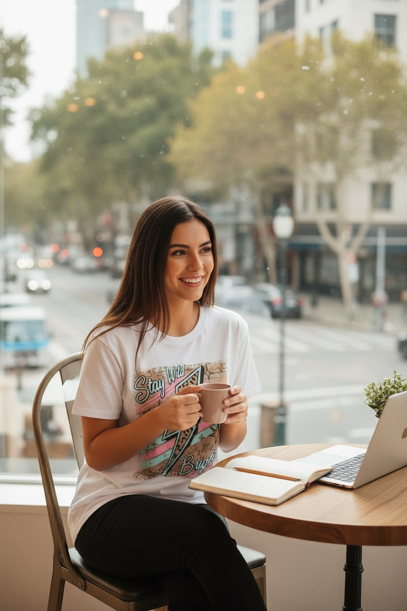 Restless white cotton t-shirt with "Stay Wild Bright" graphic featuring a lightning bolt with animal print and pastel stripes.