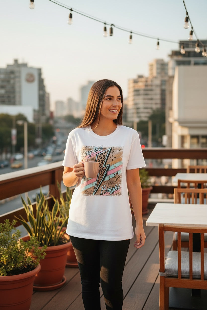 Restless white cotton t-shirt with a bold graphic featuring a lightning bolt with leopard print and pastel stripes, reading "Stay Wild Bright".