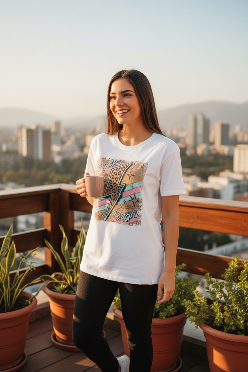Restless white cotton t-shirt with a bold graphic featuring a lightning bolt, leopard print, and pastel stripes. Relaxed fit.