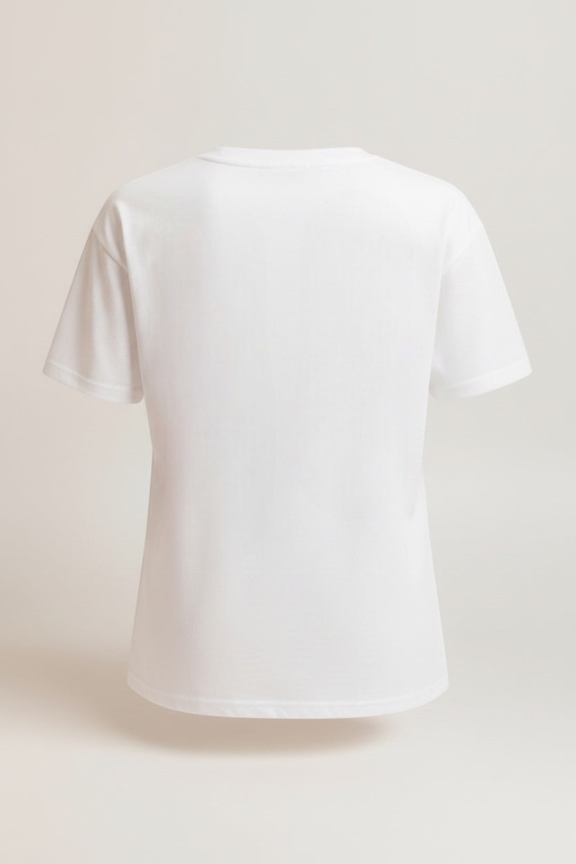 Restless "Stay Wild Bright" white cotton t-shirt with retro graphic details and animal print lightning bolt.