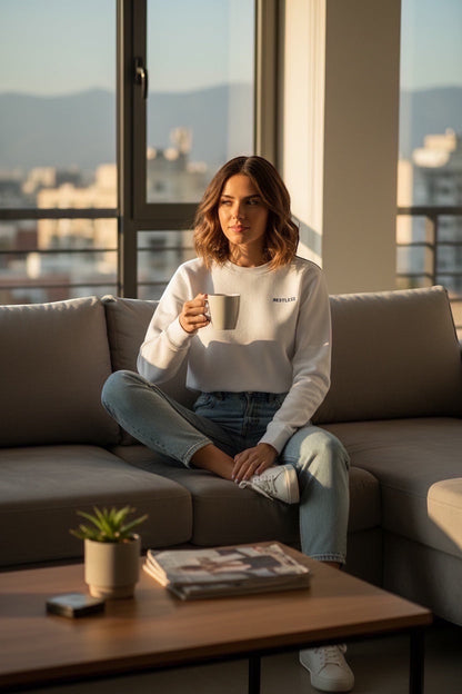 Restless white classic sweatshirt made of flannel fabric, featuring a crew neck and long sleeves. Model is wearing jeans and holding a mug.