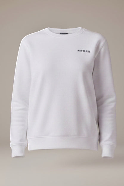 Restless classic white flannel sweatshirt with embroidered logo on chest. Crew neck, long sleeves, ribbed cuffs and hem.