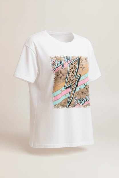 Restless white cotton t-shirt with a vibrant graphic featuring a lightning bolt with leopard print and pastel stripes.